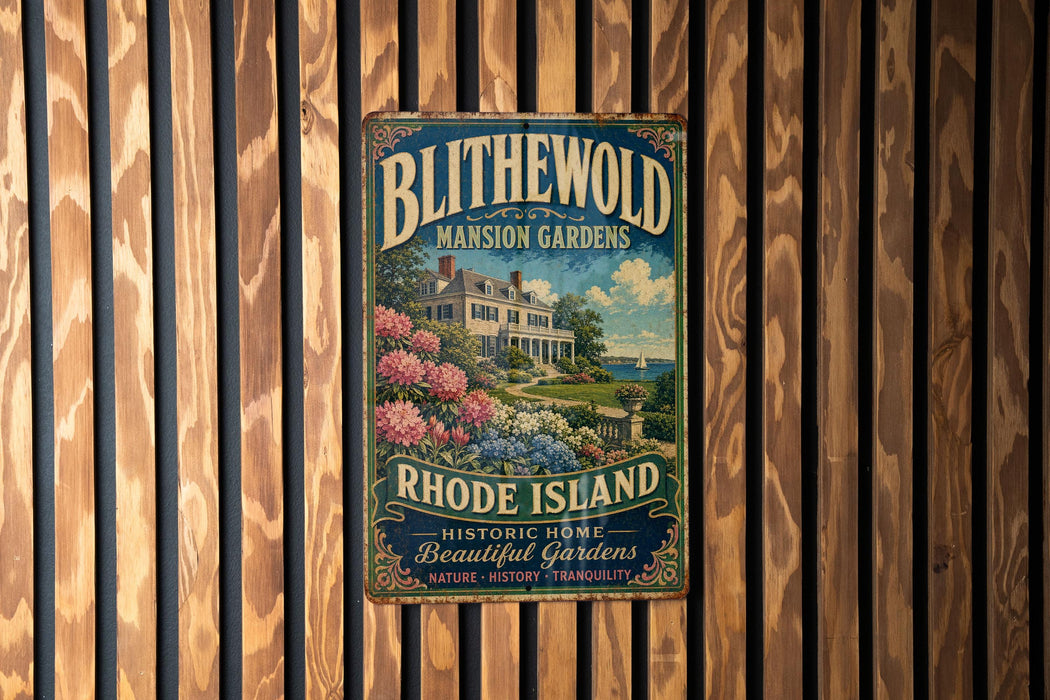 A vintage-style metal sign for Blithwold Mansion Gardens in Rhode Island, featuring a house surrounded by lush gardens and flowers.