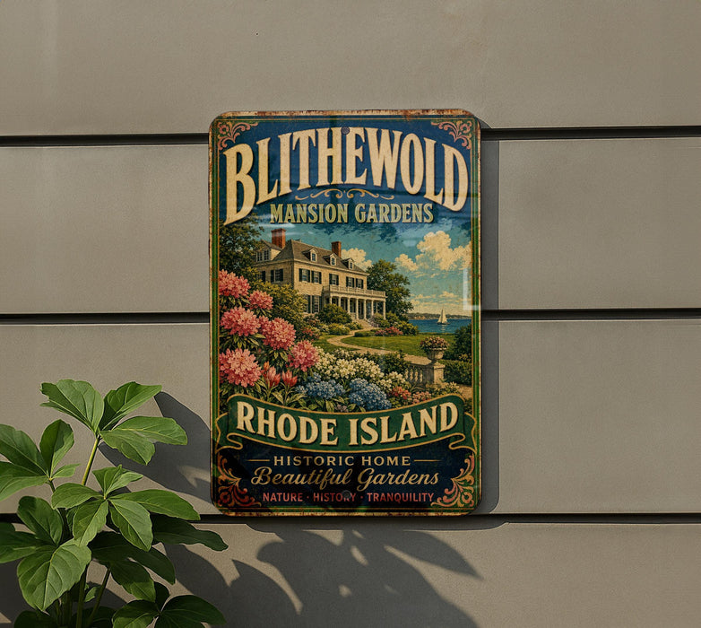 A vintage-style metal sign for Blithwold Mansion Gardens in Rhode Island, featuring a large house surrounded by a well-maintained garden with colorful flowers.