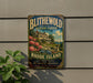 A vintage-style metal sign for Blithwold Mansion Gardens in Rhode Island, featuring a large house surrounded by a well-maintained garden with colorful flowers.