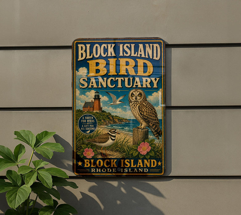 A vintage-style metal sign for the Block Island Bird Sanctuary, featuring an illustration of an owl and a lighthouse, is displayed on a wall.