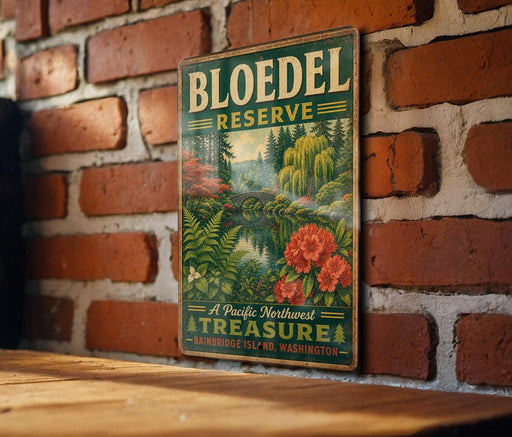 A vintage-style sign for Bloedel Reserve, featuring a scenic landscape with trees, flowers, and a river, mounted on a brick wall.