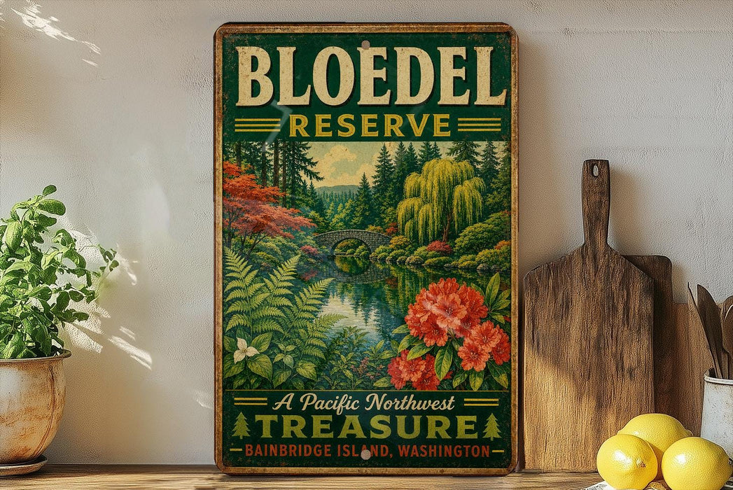 A vintage-style sign for Bloedel Reserve, featuring a scenic landscape with a bridge, trees, and flowers, is displayed on a wooden shelf next to a potted plant and a cutting board.