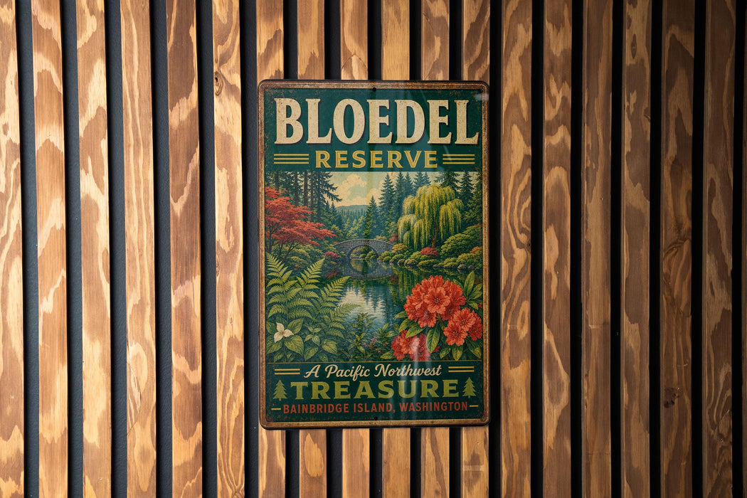 A vintage-style metal sign for Bloedel Reserve, featuring a scenic landscape with a bridge and flowers, mounted on a wooden wall.
