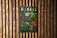 A vintage-style metal sign for Bloedel Reserve, featuring a scenic landscape with a bridge and flowers, mounted on a wooden wall.