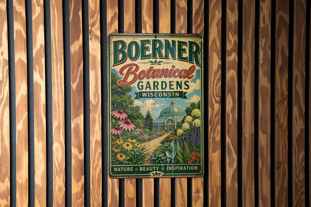 A vintage-style metal sign for Boerner Botanical Gardens in Wisconsin, featuring a lush garden scene with various plants and flowers.