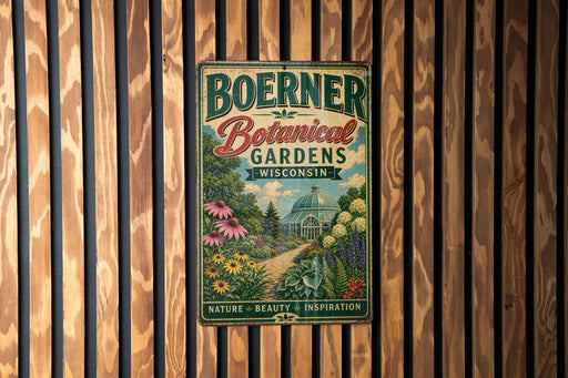 A vintage-style metal sign for Boerner Botanical Gardens in Wisconsin, featuring a lush garden scene with various plants and flowers.