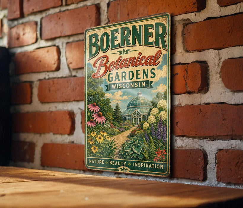 A vintage-style metal sign for Boerner Botanical Gardens in Wisconsin, featuring a lush garden scene with flowers, plants, and a greenhouse.