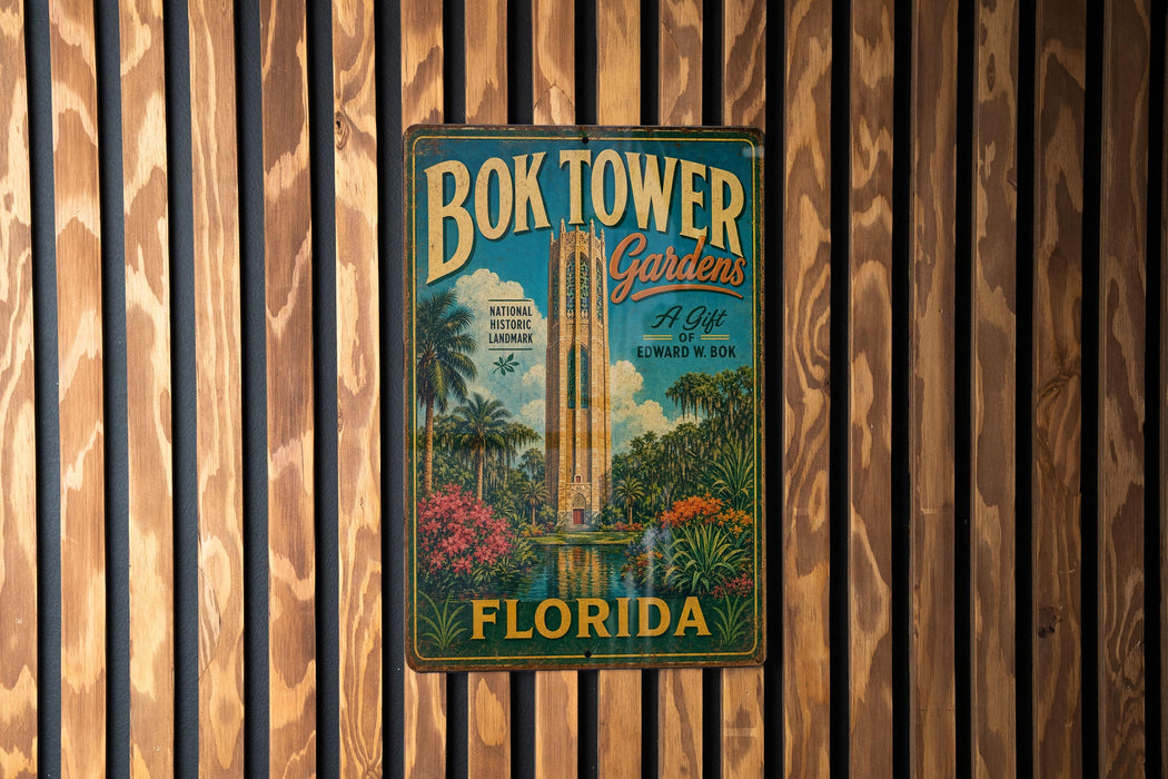 A vintage-style metal sign for the Bok Tower Gardens in Florida, featuring a tropical landscape with palm trees and a tall tower.