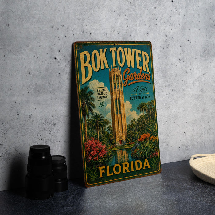 A vintage-style metal sign for the Bok Tower Gardens in Florida, featuring a tropical landscape with palm trees and a clock tower.