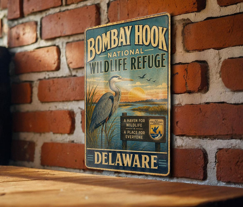 A vintage metal sign for the Bombay Hook National Wildlife Refuge in Delaware, featuring an illustration of a bird and a serene landscape.