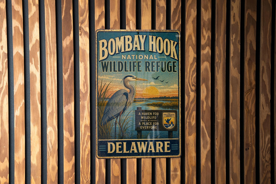 A vintage metal sign for the Bombay Hook National Wildlife Refuge in Delaware, featuring an illustration of a heron and the text "A Haven for Wildlife".
