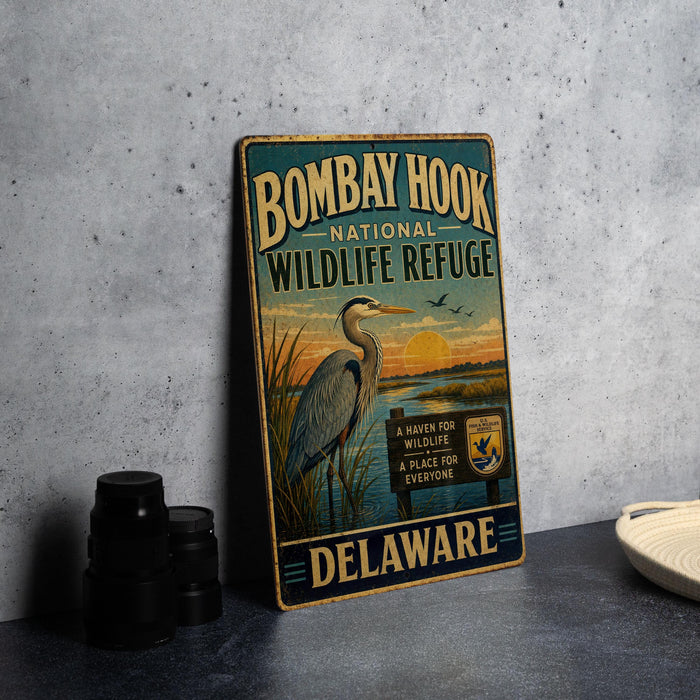 A vintage-style metal sign for the Bombay Hook National Wildlife Refuge in Delaware, featuring an illustration of a crane and a sign that says "A Haven for Wildlife".
