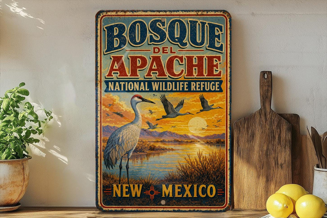 A vintage-style metal sign for Bosque del Apache National Wildlife Refuge in New Mexico, featuring a scenic landscape with a crane and birds in flight.