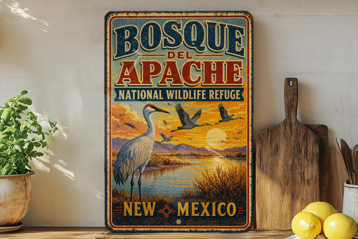 A vintage-style metal sign for Bosque del Apache National Wildlife Refuge in New Mexico, featuring a scenic landscape with a crane and birds in flight.
