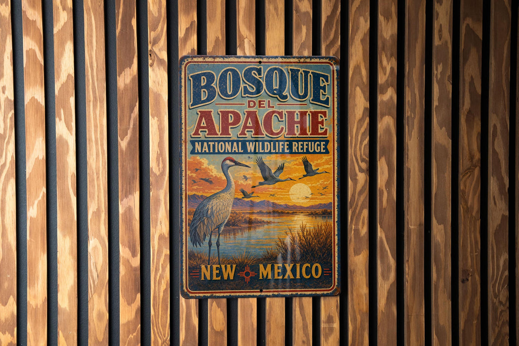 A vintage metal sign for Bosque de Apache National Wildlife Refuge in New Mexico, featuring an illustration of a crane and a sunset over a lake.