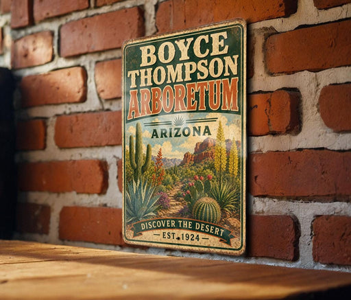 A vintage-style metal sign for the Boyce Thompson Arboretum in Arizona, featuring a desert landscape with cacti and other desert plants.