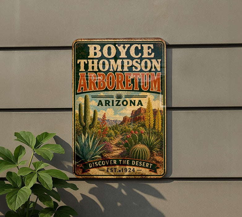 A vintage-style metal sign for the Boyce Thompson Arboretum in Arizona, featuring a desert landscape with cacti and other desert plants.