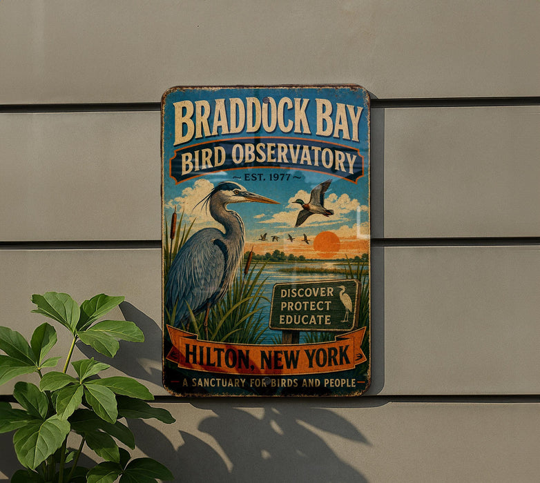A vintage metal sign for the Braddock Bay Bird Observatory, featuring an illustration of a bird and a bird in flight, with text promoting the observatory and its mission to protect and educate people about the local ecosystem.