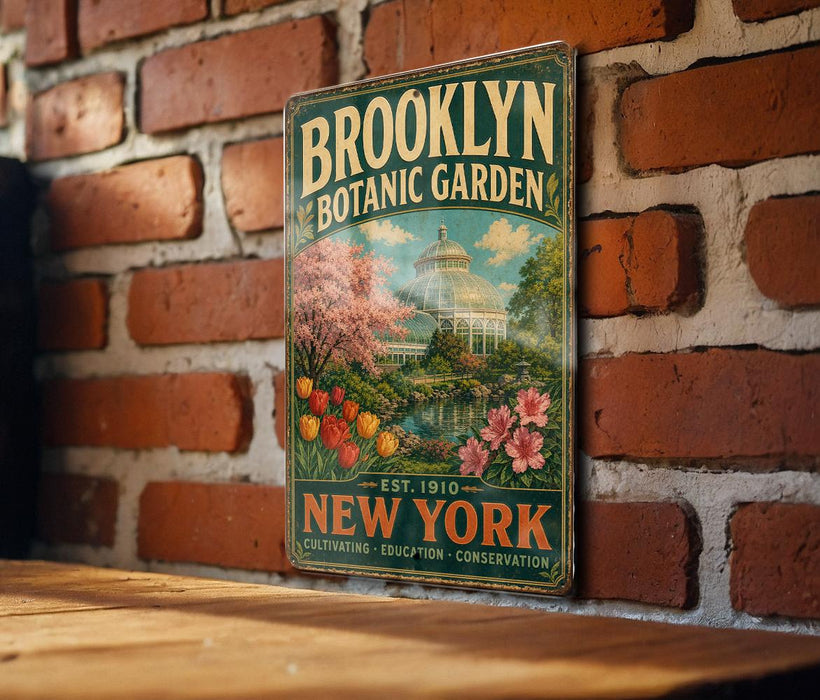 A vintage-style metal sign for the Brooklyn Botanic Garden, featuring a colorful illustration of the garden's architecture and flowers.