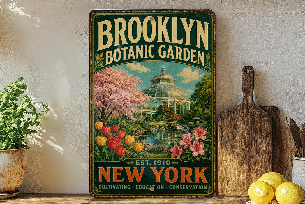A vintage-style metal sign for the Brooklyn Botanic Garden, featuring a colorful illustration of the greenhouse and surrounding landscape, with the text "Brooklyn Botanic Garden" and "Est. 1910 NEW YORK CULTIVATING EDUCATION CONSERVATION".
