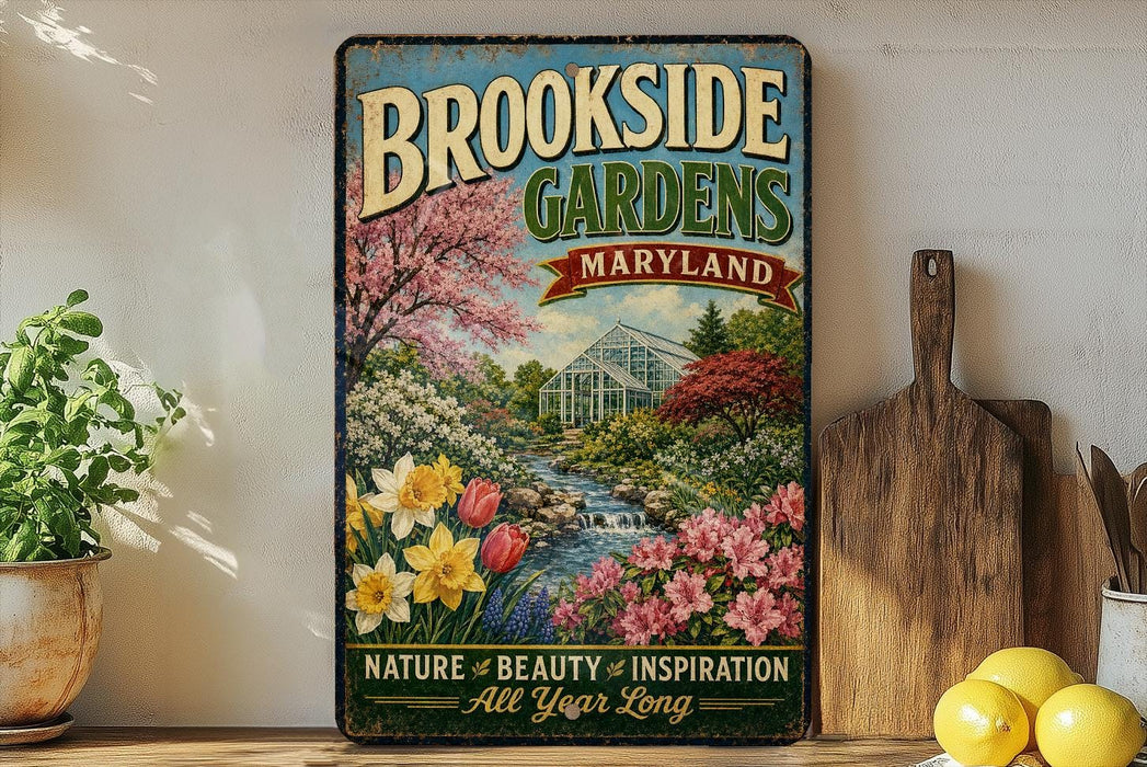 A vintage-style metal sign for "Brookside Gardens Maryland" featuring a lush garden scene with colorful flowers, a greenhouse, and a stream.