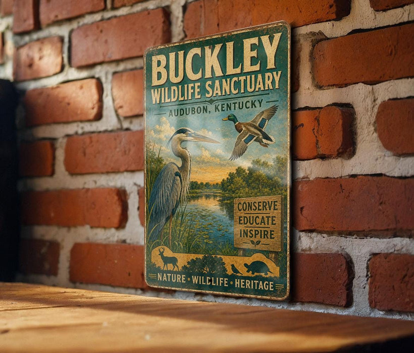 A vintage-style metal sign for the Buckley Wildlife Sanctuary in Audubon, Kentucky, featuring an illustration of a heron and ducks in a natural setting.