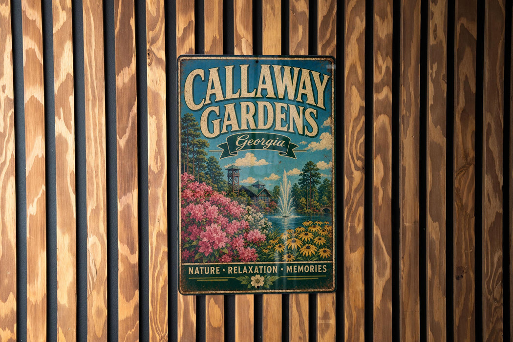A vintage metal sign for Callaway Gardens in Georgia, featuring a scenic landscape with a waterfall and colorful flowers, mounted on a wooden wall.