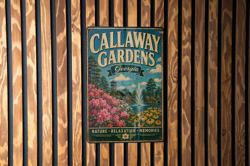 A vintage metal sign for Callaway Gardens in Georgia, featuring a scenic landscape with a waterfall and colorful flowers, mounted on a wooden wall.
