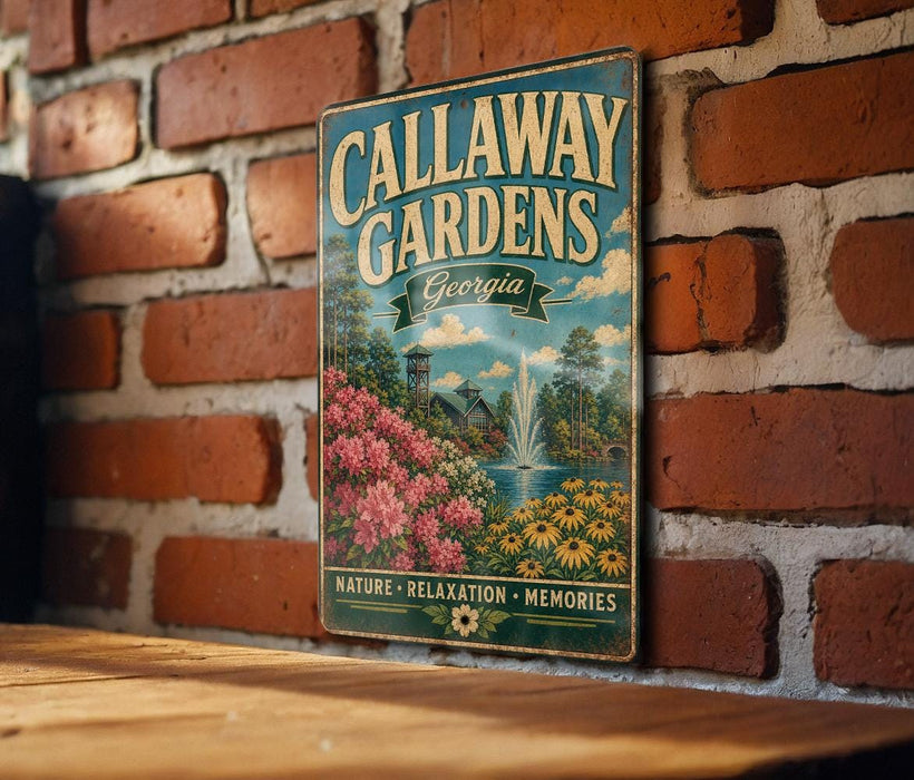 A vintage metal sign for Callaway Gardens in Georgia, featuring a scenic landscape with a fountain and flowers, mounted on a brick wall.