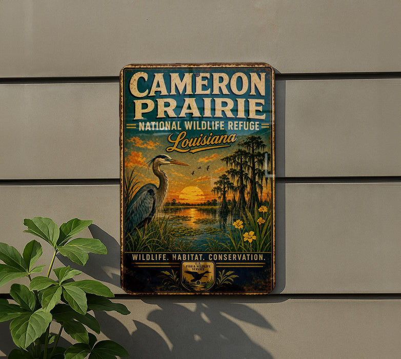 A vintage-style metal sign for the Cameron Prairie National Wildlife Refuge in Louisiana, featuring a seagull and a sunset landscape.