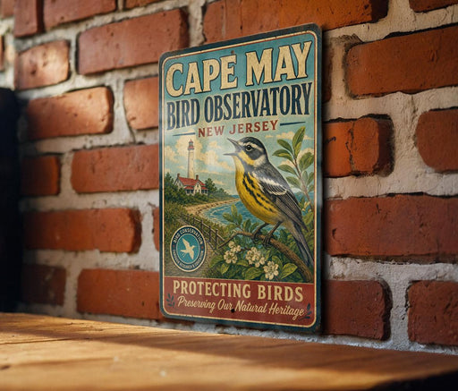 A vintage-style metal sign for Cape May Bird Observatory in New Jersey, featuring a colorful illustration of a bird and a lighthouse.