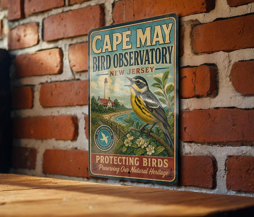 A vintage-style metal sign for Cape May Bird Observatory in New Jersey, featuring a colorful illustration of a bird and a lighthouse.