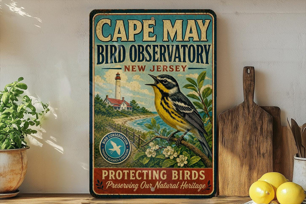 A vintage-style metal sign for Cape May Bird Observatory in New Jersey, featuring a colorful illustration of a bird perched on a branch with a lighthouse in the background.