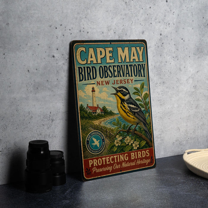 A vintage-style metal sign for the Cape May Bird Observatory in New Jersey, featuring a colorful illustration of a bird and a lighthouse.