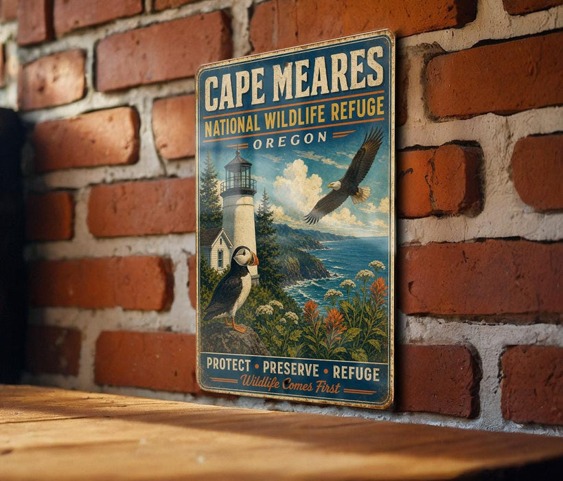 A vintage metal sign for Cape Meares National Wildlife Refuge in Oregon, featuring an illustration of a lighthouse, puffins, and a seagull flying over a coastal landscape.