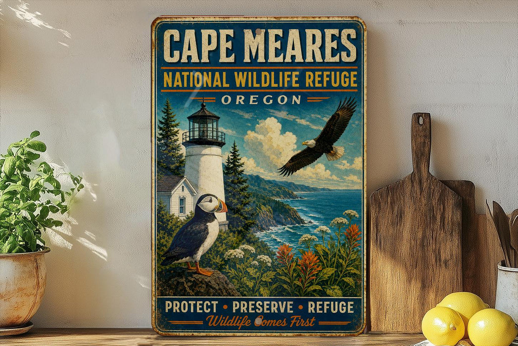 A vintage-style metal sign for Cape Meares National Wildlife Refuge in Oregon, featuring a lighthouse, puffin, and eagle, along with the text "PROTECT PRESERVE REFUGE Wildlife Comes First".