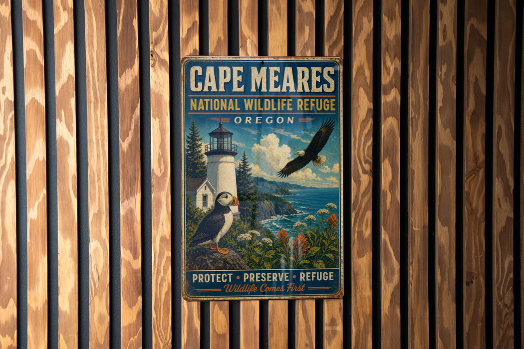 A vintage metal sign for Cape Meares National Wildlife Refuge in Oregon, featuring a lighthouse and an eagle in flight.