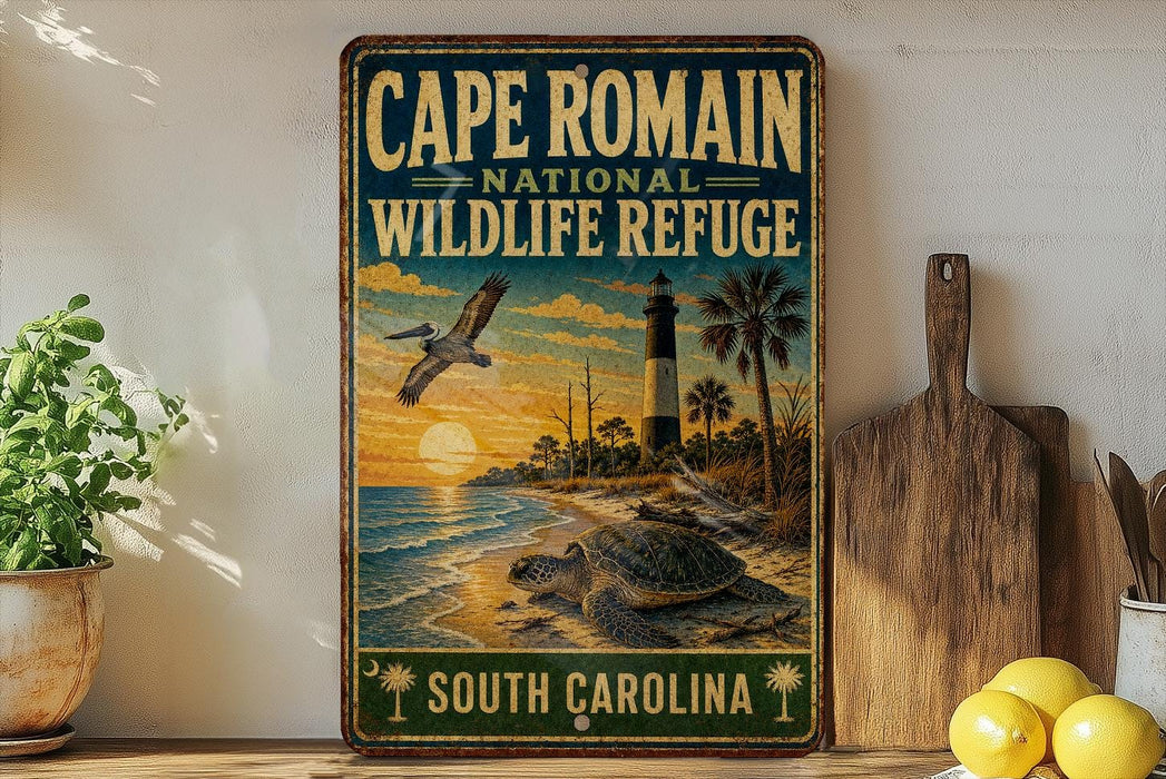A vintage-style metal sign for Cape Romain National Wildlife Refuge in South Carolina, featuring a seascape with a lighthouse and a bird in flight.