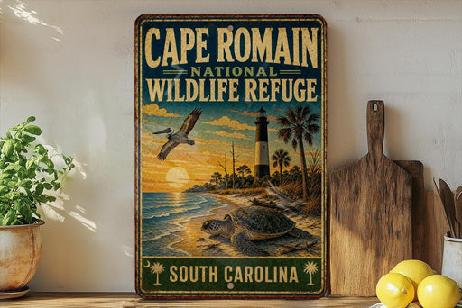 A vintage-style metal sign for Cape Romain National Wildlife Refuge in South Carolina, featuring a seascape with a lighthouse and a bird in flight.