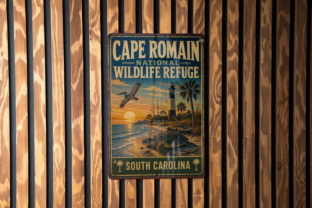 A vintage-style metal sign for Cape Romain National Wildlife Refuge in South Carolina, featuring a bird flying over a beach scene with palm trees and a lighthouse.