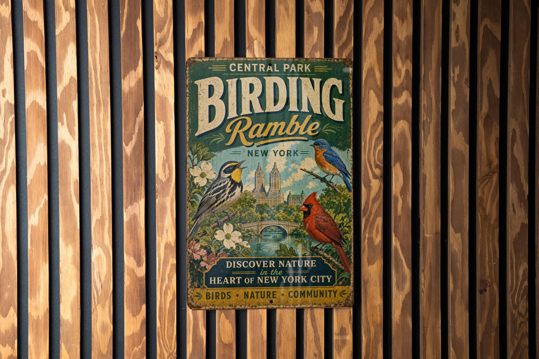 A vintage-style metal sign for Central Park's Birding Ramey, featuring illustrations of birds and text promoting the park's natural beauty and community.