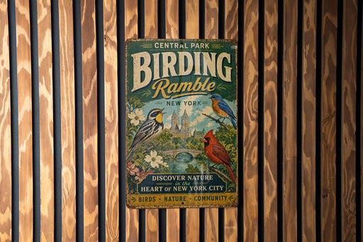 A vintage-style metal sign for Central Park's Birding Ramey, featuring illustrations of birds and text promoting the park's natural beauty and community.