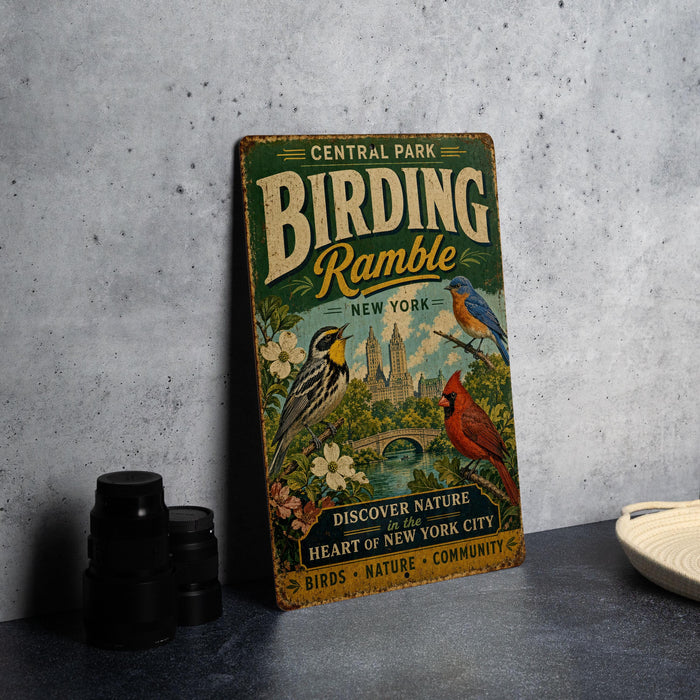 A vintage-style metal sign for Central Park's Birding Ramble, featuring illustrations of birds and nature, is displayed on a gray countertop next to a stack of black camera lenses.