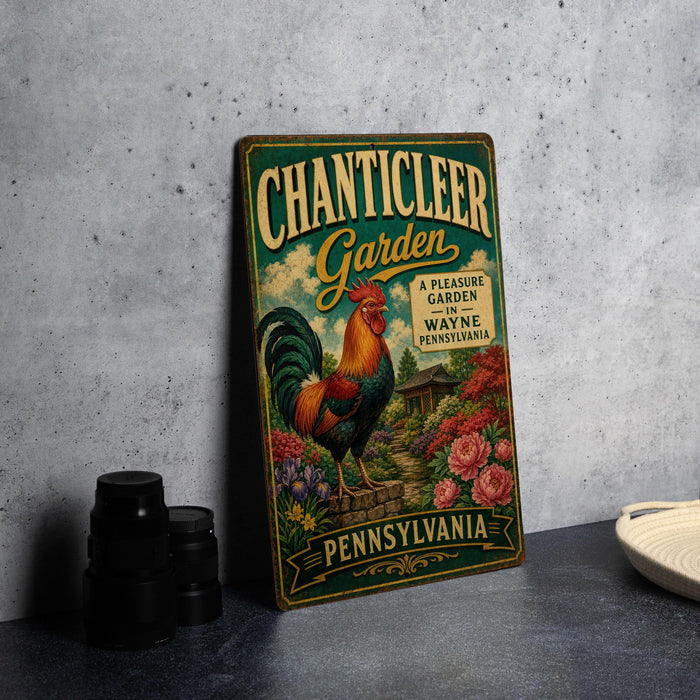 A vintage-style metal sign for "Chanticleer Garden" in Pennsylvania, featuring a rooster and colorful flowers, is displayed on a gray countertop next to some black camera lenses.