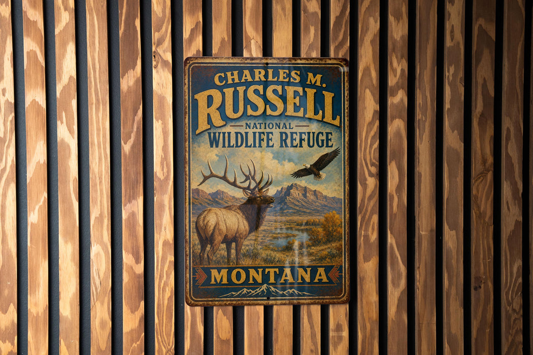 A metal sign with a vintage design hangs on a wooden wall, featuring an image of a deer and an eagle.