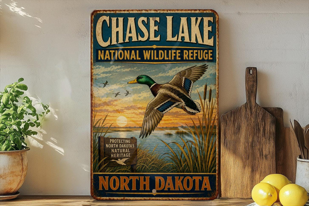 A vintage metal sign for the North Dakota wildlife refuge, featuring a duck in flight against a sunset landscape.