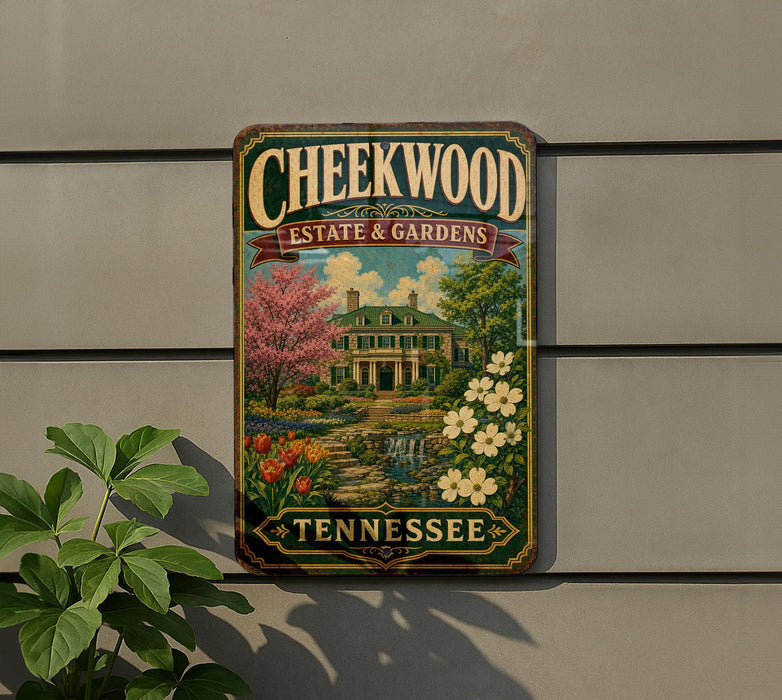 A vintage-style metal sign for Cheekwood Estate & Gardens in Tennessee, featuring a colorful illustration of a garden with a house and flowers.