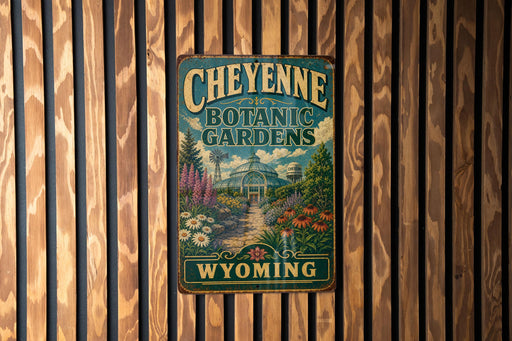 A vintage-style metal sign for Cheyenne Botanic Gardens in Wyoming, featuring a lush garden scene with various plants and flowers.