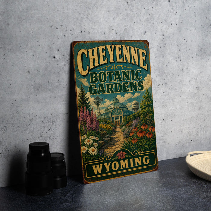 A vintage-style metal sign for Cheyenne Botanic Gardens in Wyoming, featuring a colorful illustration of a greenhouse surrounded by flowers and plants.