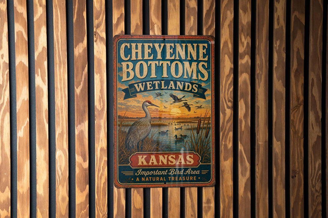 A vintage metal sign for Cheyenne Bottoms Wetlands in Kansas, featuring an illustration of a bird and a sunset over a body of water.